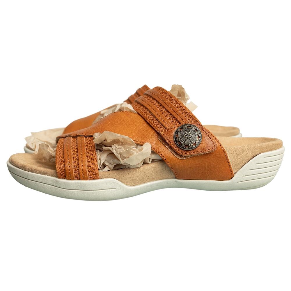 Women's Designer Hälso Mango Cognac Leather Desiree Comfort Sandal Size 7W - EUC